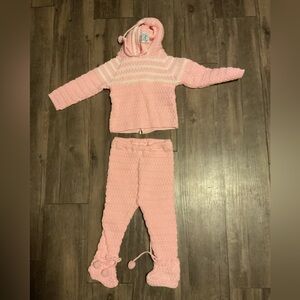 Macy's vintage crocheted Pink Baby Pom Pom hooded Knitwear w/ booties . 12-18 mo